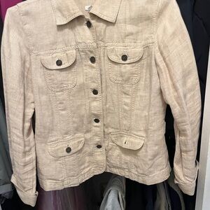 Tan Jean Jacket with Collared Neckline and Cropped Length
